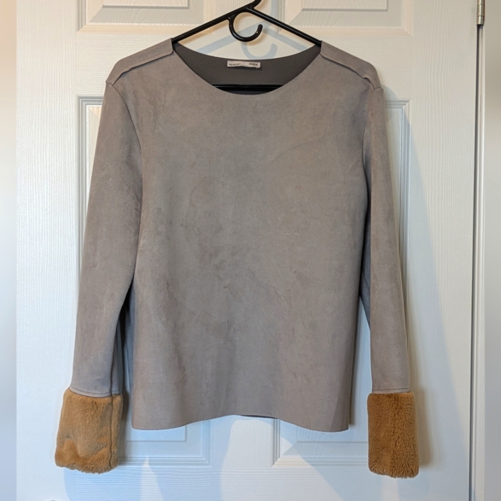 Zara Gray Top with Fur Cuffs